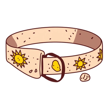 A beige collar adorned with intricate sun motifs and small sandstone embellishments. The collar is made from a textured fabric that resembles the roughness of desert terrain. The sun motifs are carefully stitched in a golden hue, creating a striking contrast against the beige background. Scattered among the sun designs are small, smooth sandstone pieces, adding a natural, earthy touch to the collar's appearance. The collar is displayed against a simple background to highlight its unique design elements.