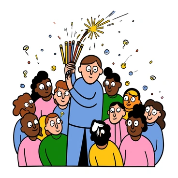 A person with light skin and short brown hair is standing in the center, struggling to hold a bundle of brightly colored sparklers in one hand. Their eyes are wide with surprise, and they are wearing a light blue shirt. Around them, a diverse group of people with big eyes is watching in astonishment. One sparkler has accidentally ignited, sending off bright sparks that light up the scene. The people surrounding the person have varied expressions of shock and excitement. The background is a festive setting with soft lights and a sense of celebration.