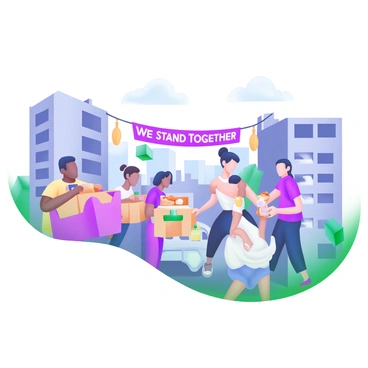 A modern pastel illustration depicting a diverse group of people coming together in an urban setting. In the foreground, individuals of various ethnicities are helping each other, carrying supplies and offering assistance. Some people are sharing food and water, while others are attending to those who are distressed. In the background, there are damaged buildings and emergency vehicles. Colorful banners with the words "We Stand Together" hang between the buildings, symbolizing unity and support. The sky is a soft pastel blue, creating a hopeful atmosphere.