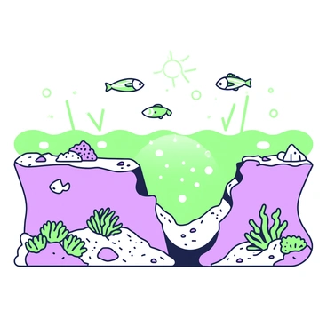An underwater scene features a fault line running along the ocean floor. The fault line appears as a jagged crack that stretches across the sandy seabed, with small rocks and pebbles scattered around it. On either side of the fault line, there are clusters of corals in various shapes, providing a habitat for small fish. A group of fish swims above the corals, showcasing their delicate fins and body shapes. Sunlight filters through the water, creating shimmering patterns on the ocean floor, enhancing the depth of the scene.
