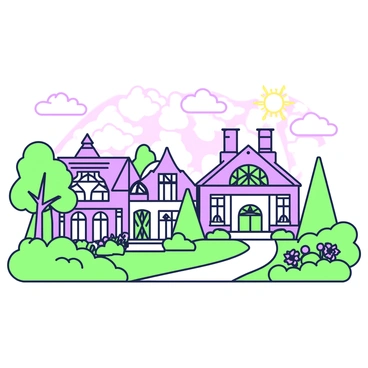A view of multiple mansions set in a serene heavenly landscape. Each mansion showcases unique architectural details, with intricate designs on windows and doors. The mansions are surrounded by lush gardens filled with vibrant flowers and greenery. Soft clouds drift gently in the sky above, creating a sense of tranquility. Sunlight filters through the clouds, illuminating the scene with a warm glow. In the foreground, a pathway made of smooth stones leads towards the closest mansion, inviting exploration.