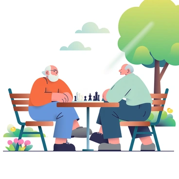 Two elderly friends are seated at a wooden chess table in a peaceful park setting. One man has gray hair and a white beard, while the other has short, balding hair. They are deeply focused on the chessboard in front of them, which displays a mid-game position with various black and white pieces strategically placed. Surrounding them are vibrant green trees and colorful flower beds, creating a serene natural atmosphere. A gentle breeze causes the leaves to rustle, and a nearby park bench is visible with a book resting atop it. Sunlight filters through the branches, casting dappled shadows on the ground around them.