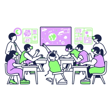 A classroom filled with students engaged in learning while wearing virtual reality headsets. In the foreground, a student is sitting at a desk, completely immersed in a virtual environment, with their headset on and hands reaching out as if interacting with objects. Nearby, another student has a headset on and is turning their head, looking around in awe. The desks are arranged in a semi-circle, allowing a clear view of a large screen at the front of the room. On the screen, there are images illustrating various educational topics, such as space and anatomy. Colorful posters related to different subjects adorn the walls, creating an inspiring atmosphere for learning. A teacher stands at the front of the room, guiding the students with an encouraging expression.