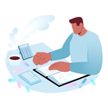 A person is sitting at a desk, looking focused on their work. On the desk, there is a calculator next to an open notebook filled with handwritten notes and charts. A cup of coffee is placed to the side, with steam rising from it. Various stationery items are scattered around, including pens and paperclips. The overall setup conveys a sense of organization and determination as the person plans their savings goals.