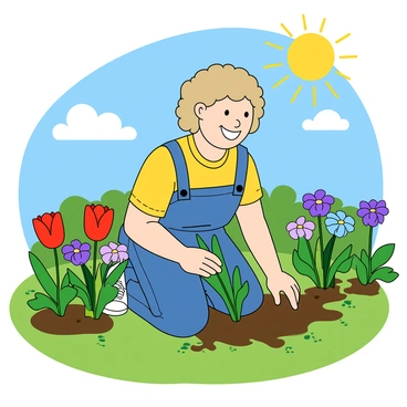 A young cartoon girl with light skin and short curly hair is kneeling on the grass in a vibrant garden. She is wearing a bright yellow T-shirt and denim overalls. She has a cheerful expression as she carefully plants colorful flowers in the soil. The garden is filled with a variety of flowers, including red tulips, blue daisies, and purple pansies, all surrounded by green leaves. The sun is shining brightly in the clear blue sky, and a few fluffy white clouds are scattered above. The scene conveys a sense of joy and activity in nature.