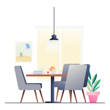 A contemporary pendant light with a sleek, geometric design is hanging from the ceiling in a stylish dining room. The light fixture features a matte black finish and a glass shade, creating a soft glow. Below the pendant light, a rectangular wooden dining table is set with elegant tableware, including white plates and shiny cutlery. Around the table, there are upholstered dining chairs in neutral tones. The walls are adorned with minimalist artwork, and a potted plant is placed in the corner, adding a touch of greenery to the room. The warm light from the pendant creates inviting shadows and highlights the textures of the furnishings.