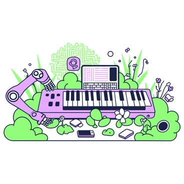 A garden featuring a variety of technology-themed sculptures. In the center, there is a giant keyboard with large, oversized keys arranged in rows, crafted to appear as if they are part of the natural landscape. Surrounding the keyboard are sculptures of circuit boards and gadgets, intricately designed and placed strategically among the vibrant greenery. A robotic arm is positioned to the left, reaching towards one of the sculptures. Along the pathways, there are smaller sculptures resembling computer mice and smartphones, seamlessly integrated into the garden's layout. Lush plants and flowers fill the space, enhancing the contrast between nature and technology.