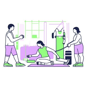 A group of people is gathered in a gym, each performing specific exercises to relieve elbow pain. In the foreground, a man with medium-length hair is doing a wrist flexor stretch, holding one arm out in front of him while using his other hand to gently pull back on his fingers. Next to him, a woman is seated on a mat, practicing a forearm roller exercise with a length of rope attached to a weight. Behind them, another person is using a resistance band anchored to a sturdy object, performing external rotations with focused determination. The gym is equipped with various exercise mats, weights, and resistance bands scattered around the area, contributing to a focused training atmosphere.