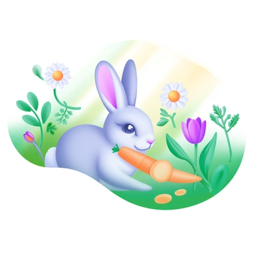 A modern pastel illustration featuring "a cute rabbit" with soft fur and big ears, sitting in a "lush garden" full of green plants and colorful flowers. The rabbit is "nibbling on bright orange carrots" that are scattered around. Sunlight filters through the leaves, casting gentle shadows on the ground. In the background, various plants including leafy greens, daisies, and tulips add to the vibrant atmosphere of the garden.