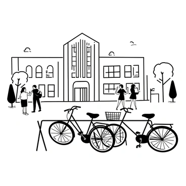 A college campus scene featuring several bicycles parked in a designated bike rack. The bikes vary in design, with some having sleek frames and others being more vintage in style. In the background, a large university building stands prominently, showcasing architectural details such as tall windows and decorative columns. The ground is paved with brick, and a few students can be seen walking along the paths, some carrying books and backpacks. Trees line the area, providing scattered shade and adding to the campus atmosphere.