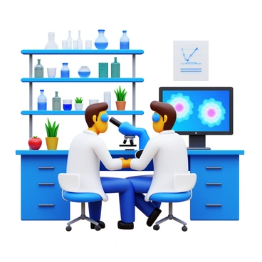 A laboratory setting featuring researchers wearing white lab coats and safety goggles. One researcher is looking through a microscope, focusing on cancer cells displayed on the screen beside them. The microscope is equipped with advanced technology, highlighting the detail of the cells. There is a computer nearby displaying data and analysis from AI algorithms being used in the study. Surrounding the researchers are shelves filled with laboratory equipment, glassware, and plants for a fresh environment.