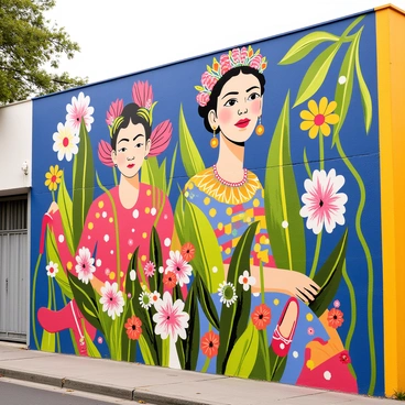 A large mural on a city wall, featuring a vibrant and detailed depiction of "Frida Kahlo". The mural includes elements symbolizing her life, such as a pair of red high heels and a colorful Mexican dress. It showcases themes of her art with images of bold flowers and surreal imagery surrounding her. In one section, there is a self-portrait of "Frida Kahlo" with a crown of thorns, set against a backdrop of lush greenery. The colors of the mural are vivid, with deep blues, bright yellows, and lush greens dominating the scene, capturing her unique style and spirit.