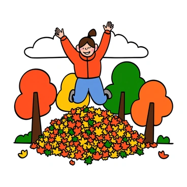 A child with light skin and short brown hair is joyfully jumping into a large pile of crunchy autumn leaves in a park. The child is wearing a bright red jacket and blue jeans, with a big smile on their face. Surrounding the child are various trees with vibrant red, orange, and yellow foliage, and a clear blue sky above. The leaves in the pile are scattered around, creating a colorful scene on the ground.