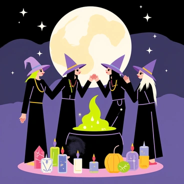 A group of five witches standing in a circle under a large, glowing full moon. Each witch wears a long, flowing robe in various shades of purple and black. They have pointed hats adorned with colorful ribbons. In the center of the circle, there is a large, ornate cauldron bubbling with a bright green potion. Surrounding the cauldron are several mystical objects, including candles, crystals, and herbs. The witches are holding hands, and their expressions show concentration and determination as they chant together. The night sky is filled with twinkling stars, enhancing the magical atmosphere.