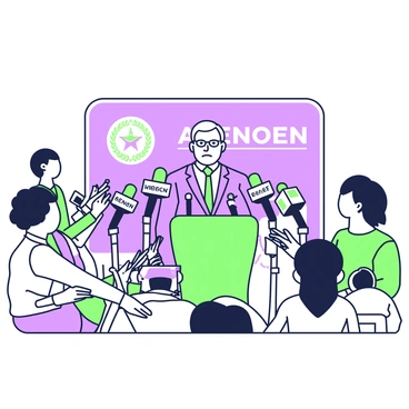 A senator is standing at a podium during a press conference. The senator is wearing a formal suit and a tie, with a serious expression while addressing the audience. Surrounding the podium, there are multiple microphones set up on stands, each labeled with the names of different media outlets. A group of cameras, both handheld and on tripods, is positioned in front of the senator, capturing the moment. In the background, a large banner with the senator's name and emblem is displayed prominently. The scene is bustling with reporters attentively listening and taking notes.