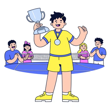 A proud champion is standing tall, holding a shiny silver trophy with both hands. The trophy features an intricate design with a decorative base and a large, engraved plate that reads "Champion." The champion is wearing a bright sports jersey and matching shorts, with a medal hanging around their neck. Their expression is one of joy and accomplishment, with a big smile on their face. In the background, a pickleball court can be seen, showcasing lines and net, while a few spectators can be observed clapping and cheering.