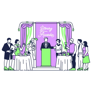 An elegant literary awards ceremony is taking place in a grand hall adorned with chandeliers and draped fabric. In the center, a stage features a podium where an author is accepting a trophy. The author is wearing a tailored suit and has a beaming expression. The audience, dressed in formal attire, is seated at round tables covered with white tablecloths and small floral centerpieces. In the background, a large banner with the words "Literary Awards" is displayed prominently. On the side, several other authors are seen mingling, some holding their own trophies while others engage in conversation. The atmosphere is vibrant with excitement and applause fills the air.
