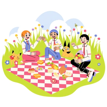 Team Rocket is sitting on a large checkered picnic blanket in a vibrant green meadow. Jessie is smiling as she spreads out a variety of colorful food items, including sandwiches, fruits, and snacks. James is holding a basket filled with treats and laughing joyfully. Meowth is playfully batting at a nearby butterfly. The meadow is dotted with vibrant flowers in shades of yellow, red, and purple, and a clear blue sky is visible above. A gentle breeze rustles the grass around them, creating a lively atmosphere.