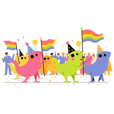 A group of grenouilles, each with distinct vibrant colors, is marching in a lively parade. The grenouilles are wearing small festive hats adorned with feathers and sparkles. They carry large rainbow flags that flutter in the breeze, showcasing a spectrum of bright colors. The background features a cheering crowd made up of diverse characters, all excitedly clapping and dancing along with the parade. There are balloons in various shapes floating above the scene, adding to the festive atmosphere. The ground is lined with colorful confetti scattered throughout, enhancing the celebratory mood of the event.