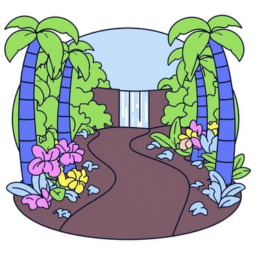 A winding trail stretches through a lush rainforest, flanked by tall, vibrant green trees with broad leaves. Along the sides of the path, various exotic plants display colorful blooms and unique foliage. In the distance, a gentle waterfall cascades down a rocky ledge, with the water sparkling in soft light. The ground is covered with rich, dark soil and scattered with fallen leaves, creating a natural carpet.