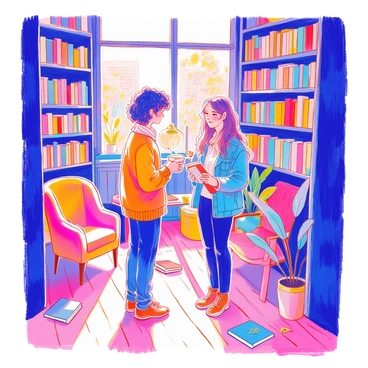 Two people meeting for the first time in a cozy bookstore
