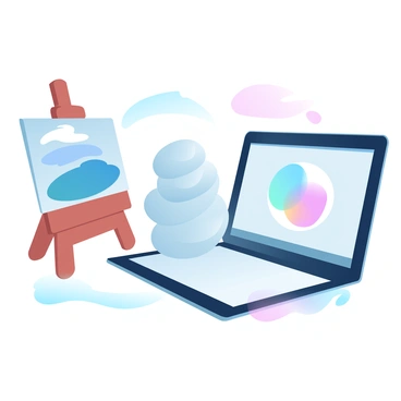 A vibrant display featuring a variety of art forms. On the left, there is an easel with an incomplete painting showcasing bold colors and dynamic brushstrokes. Next to it, a textured sculpture made of clay stands, with intricate details and a smooth finish. On the right, a digital tablet is visible, showing a colorful digital artwork with geometric patterns and gradients. The background is filled with subtle pastel gradient colors that enhance the artistic atmosphere.