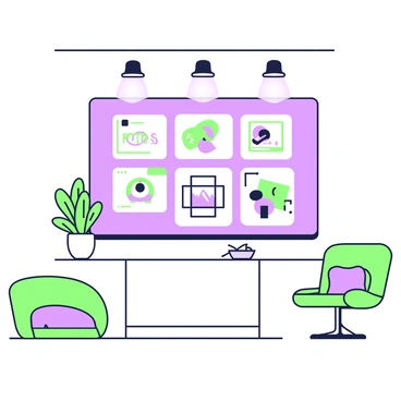 A digital screen is mounted on the wall of an agency lobby, displaying various portfolio pieces in rotation. The screen features several designs, including graphic illustrations, photography, and branding concepts. Below the screen, there is a sleek reception desk with a potted plant. The lobby floor is polished, and modern seating arrangements with cushions are placed nearby. Soft lighting from ceiling fixtures highlights the display, creating an inviting atmosphere.