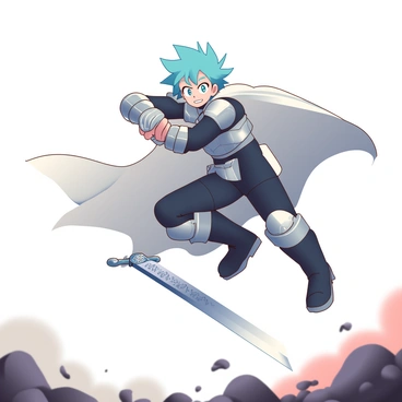 An anime hero with spiky blue hair wearing a black and silver armored suit is leaping through the air with a sword drawn, ready for battle. The sword glints in the sunlight, showcasing intricate designs along the blade. The hero's expression is focused and determined, emphasizing their fierce resolve. Below, a blurred landscape hints at a battlefield, with rocky terrain and scattered debris. The hero's cape billows dramatically behind them, adding to the sense of motion and urgency.