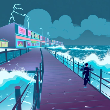 A wooden boardwalk stretching into the distance, flanked by a series of colorful shops with large, fluorescent signs. The sky above is dark and tumultuous, filled with thick, swirling clouds. Powerful waves crash against the posts of the boardwalk, sending spray into the air. The water is churning with violent energy, reflecting flashes of lightning. Debris is scattered across the boardwalk, with items from the shops being swept away by the rising waters. In the foreground, a lone figure struggles against the wind, clutching onto a railing for support as the storm surge nears.