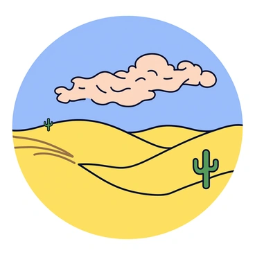 A desert landscape with rolling sand dunes that are a warm gold color. In the distance, a swirling sandstorm is visible, with clouds of beige and brown sand swirling high into the air. The sky is a bright blue, contrasting with the golden tones of the sand. A few sparse cacti are scattered across the dunes, adding a touch of green to the scene.