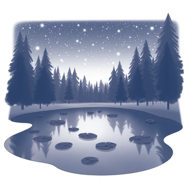 A tranquil pond surrounded by tall trees in a dense forest. The surface of the water is still, with several floating lily pads scattered across it. The night sky is visible above, with countless stars shimmering as they reflect on the calm water. The trees frame the pond, their silhouettes contrasting against the bright night sky. The scene captures the peacefulness of nature at night.