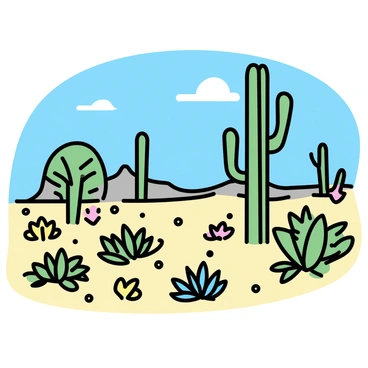 A vast desert landscape featuring an assortment of cacti and succulents. There are tall saguaro cacti with distinct arms reaching towards the sky, along with smaller barrel cacti with ribbed surfaces. In the foreground, clusters of vibrant green agave plants spread out, their sharp leaves forming rosettes. Scattered throughout the sandy ground, a variety of colorful flowering succulents add splashes of pink and yellow. The sun casts strong shadows, creating a contrast with the bright blue sky above.
