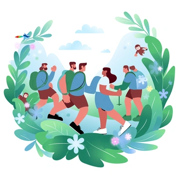 A group of explorers is trekking through a dense jungle, surrounded by vibrant green foliage. They are wearing sturdy hiking gear and carrying backpacks filled with supplies. Exotic animals, such as colorful parrots and playful monkeys, are peeking through the leaves, adding a sense of liveliness to the scene. Lush plants and flowers can be seen in various shades of green and bright colors, creating a rich and diverse environment. The explorers are carefully navigating through the underbrush, looking at their surroundings with curiosity.