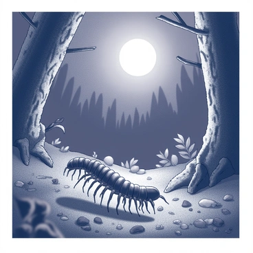 A centipede under moonlight hunting for food in a dark forest