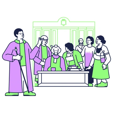A wise leader named "Gamaliel" is standing in a room filled with people engaged in a heated discussion. He has a thoughtful expression on his face, with slightly furrowed brows as he observes the situation. He is wearing a long, flowing robe and holding a staff in his right hand. In his left hand, he gestures outward, signaling for calm and attention. The group of people around him includes men and women of diverse appearances, some with raised voices and animated gestures, while others look contemplative and attentive. The setting features wooden walls and a large table in the center, adorned with scrolls and ink pots.