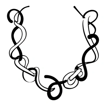 A necklace composed of twisting and connecting paper clips, arranged in intricate patterns. The paper clips vary in size and shape, creating a dynamic and playful design. Each paper clip is interlinked with others, forming a unified chain that drapes elegantly. The overall structure showcases the unique curves and bends of the paper clips, emphasizing their metallic sheen. The necklace is displayed on a simple background that accentuates its complexity and creativity.