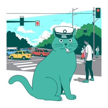 A teal cat wearing a bright white traffic officer's cap is standing at a busy intersection, confidently directing traffic. The cat is holding a small white whistle in its mouth, and its eyes are focused on the cars approaching from various directions. In the background, there are several colorful cars stopped at the red light, and pedestrians are waiting at the crosswalk. The scene is bustling with activity, and the sun is shining down on the intersection.