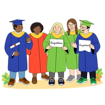 A diverse group of five students celebrating their graduation together. They are wearing brightly colored caps and gowns, with the gowns in shades of blue, green, and red. Each student has a different skin tone and hairstyle, representing a variety of backgrounds. One student has curly black hair and is holding a diploma with excitement. Another student has straight brown hair and is giving a thumbs-up, while a third student with wavy blonde hair is smiling widely. The fourth student has braided hair and is waving to friends. The fifth student is wearing glasses and holding a "Congratulations" banner. They are standing together in a sunny outdoor setting with a few trees and colorful flowers in the background.
