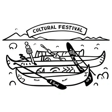 A group of Inuit canoes arranged on a calm water surface, each canoe featuring intricate patterns and designs carved into the wood. Some canoes have detailed motifs etched along the sides, showcasing traditional symbols. A few paddles are placed inside the canoes, displaying elaborate decorations. In the background, there are distant shapes of snow-capped mountains. "Cultural Festival" is inscribed on a banner above the canoes, with playful waves and splashes of water surrounding them.