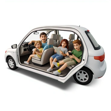 A family of four is inside a spacious white car, happily enjoying a road trip. The father is driving with a focused expression, wearing a blue t-shirt. Next to him, the mother has long hair and is smiling while looking at a map. In the back seat, a young girl with pigtails is playing with a travel game, and a teenage boy is using a tablet, looking excited. The interior of the car is bright and modern, featuring comfortable seats and a large dashboard. Sunlight streams through the car windows, illuminating their joyful faces.