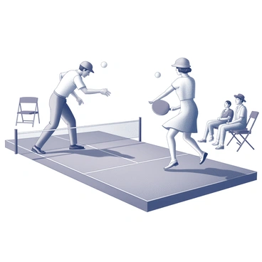 A pickleball court set up outdoors. Two players are engaged in a match, both dressed in 1920s attire. One player is wearing a white short-sleeved collared shirt, beige trousers, and a vintage newsboy cap. The other player is in a light-colored dress, with a knee-length hem and a fitted waist, along with a cloche hat. They are positioned to return a pickleball, the paddles in full swing. In the background, spectators are observing the game, some seated on vintage folding chairs. The overall scene captures the lively atmosphere of a competitive match from the 1920s.