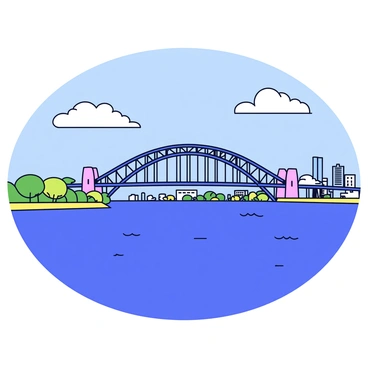 An aerial view of the "Sydney Harbour Bridge" stretching elegantly across the "blue water" below. The bridge is made of steel with multiple arches and spans. The water beneath reflects the bright sunlight, creating a shimmering effect. In the background, there are green parks and city buildings lining the shore, enhancing the vibrant urban landscape. The sky above is bright and clear, with a few fluffy clouds drifting by.