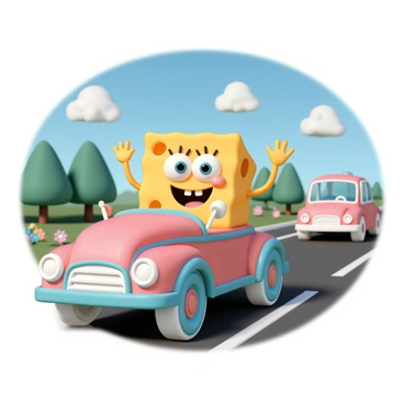 A sponge character driving a colorful car, waving to other vehicles on a sunny road.