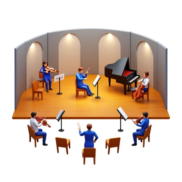 A music hall annex with a wooden stage in the center. Musicians are scattered across the stage, tuning their instruments. A violinist adjusts the shoulder rest on her instrument while a guitarist checks his strings. In the background, a pianist is seated at a grand piano, practicing a melody. Music stands are arranged around the stage, holding sheets of music. The walls are adorned with soundproofing panels, and spotlights illuminate the performers. A few chairs for the audience are positioned at the front of the stage, creating an inviting atmosphere.