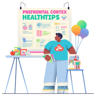 A community health fair booth with a large poster on prefrontal cortex health tips