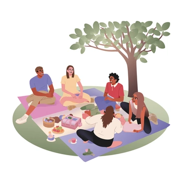 A digital flat illustration depicting a casual meeting in a park. There are several people sitting on colorful blankets spread out on the grass under green leafy trees. A group of four people, two men and two women, are engaged in conversation, smiling at each other. One man has light skin and short brown hair, wearing a blue t-shirt and khaki shorts. The other man has medium skin and curly black hair, dressed in a red polo shirt and blue jeans. One woman has light skin with long straight hair wearing a yellow dress and the other woman has medium skin and is in a white blouse and black pants. Scattered around them are picnic items like a basket, some fruit, and drinks. The sun is shining through the branches, creating dappled light on the scene.