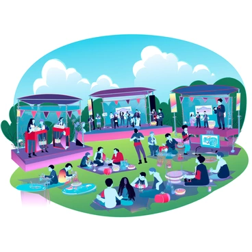 A vibrant outdoor jazz festival takes place under a clear blue sky. There are several stages set up across the park, each featuring musicians playing various jazz styles. Excited attendees are gathered around the stages, some dancing to the music while others sit on picnic blankets enjoying the atmosphere. Colorful banners and balloons decorate the area, adding to the festive vibe. Food stalls are scattered throughout, with people enjoying a variety of culinary offerings. The scene is filled with movement and energy, capturing the essence of a lively celebration.