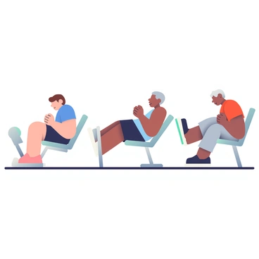 A timeline illustration shows several individuals using the leg press machine, each representing different age groups. On the left, a young adult with light skin and short brown hair is demonstrating proper form while pushing the leg press. Next to them, a middle-aged individual with medium skin and gray hair is working out, wearing a blue tank top and black shorts. Further along the timeline, an elderly person with dark skin and white hair uses the machine, dressed in a red t-shirt and gray sweatpants. Each person has a focused expression, emphasizing their commitment to fitness. The leg press machine has a sleek design, with a silver frame and padded backrest, placed on a black gym floor.