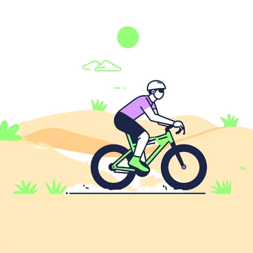 A cyclist is riding a bicycle across a vast expanse of sandy dunes. The cyclist is wearing a lightweight helmet, sunglasses, and a moisture-wicking jersey. The bike has large tires suited for rough terrain, and the cyclist is positioned at an angle to show the action of pedaling. The bright sun is overhead, casting distinct shadows in the sand, creating patterns of light and dark on the dune surfaces. In the background, the dunes rise and fall, with some small tufts of dry grass peeking through the sand. The atmosphere conveys a sense of adventure and endurance in a harsh environment.