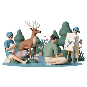 A group of artists, each equipped with sketchbooks and pencils, are gathered in a vibrant natural setting. One artist, wearing a green shirt and beige cargo shorts, is sitting cross-legged on a log, intently sketching a majestic deer standing nearby, with its antlers prominently displayed. Another artist, dressed in a blue hat and khaki pants, is capturing the image of a colorful bird perched on a branch. In the background, lush trees and flowering plants create a rich environment, while a small stream flows gently, adding to the serene atmosphere of the wildlife illustration event. Each artist is focused on their subject, surrounded by the beauty of nature.